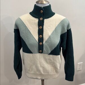 Peace n’ Love Small Women's Teal and Cream Turtleneck Sweater